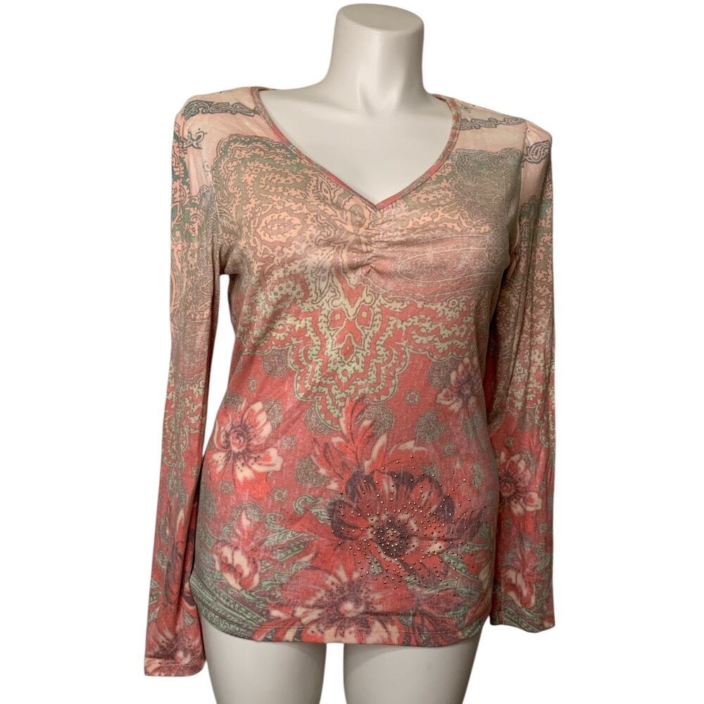 apt.9 Boho Floral Paisley V-Neck Long Sleeve Top XL Rhinestone Accents Size XL